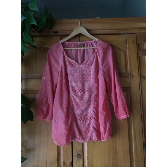 Valerie Stevens coral pink crochet front panel  blouse SZ M - Picture 3 of 12